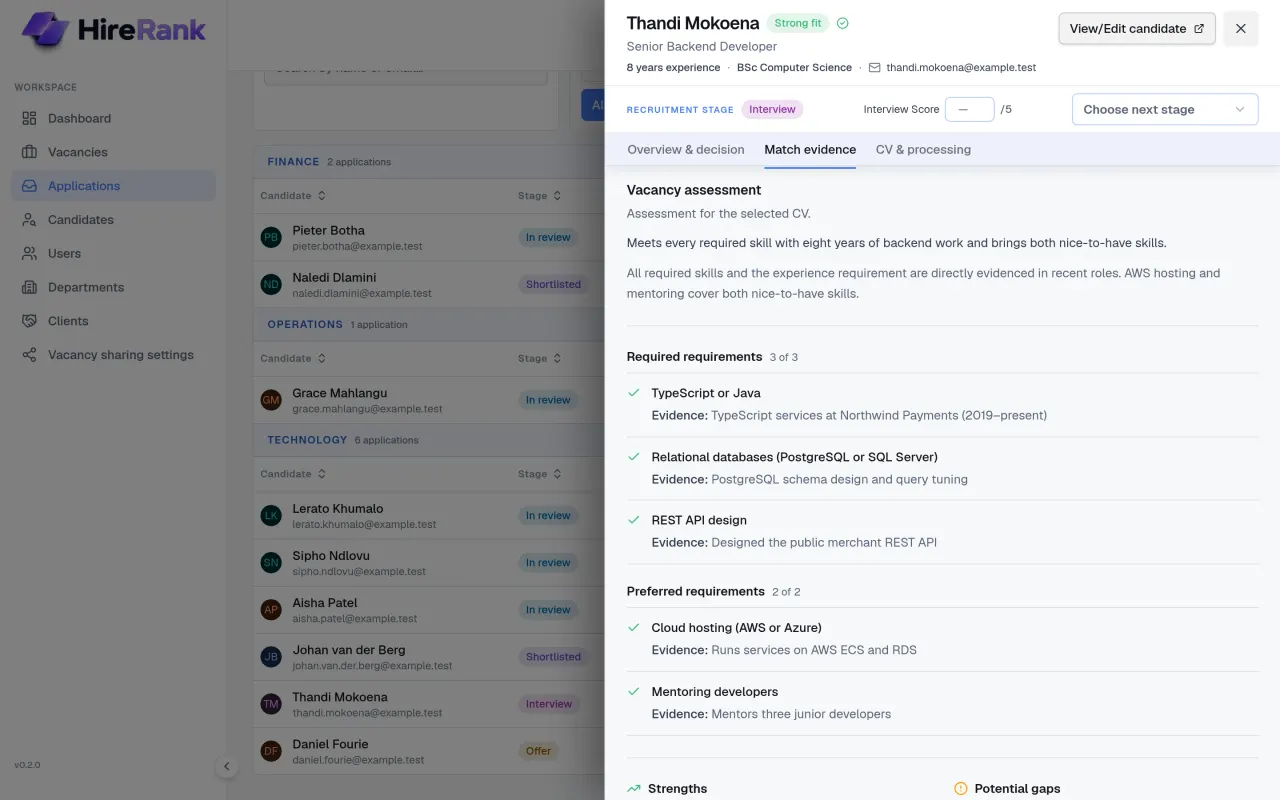 HireRank match evidence for one candidate: a strong fit recommendation with each required and preferred requirement listed alongside the supporting evidence from the CV.