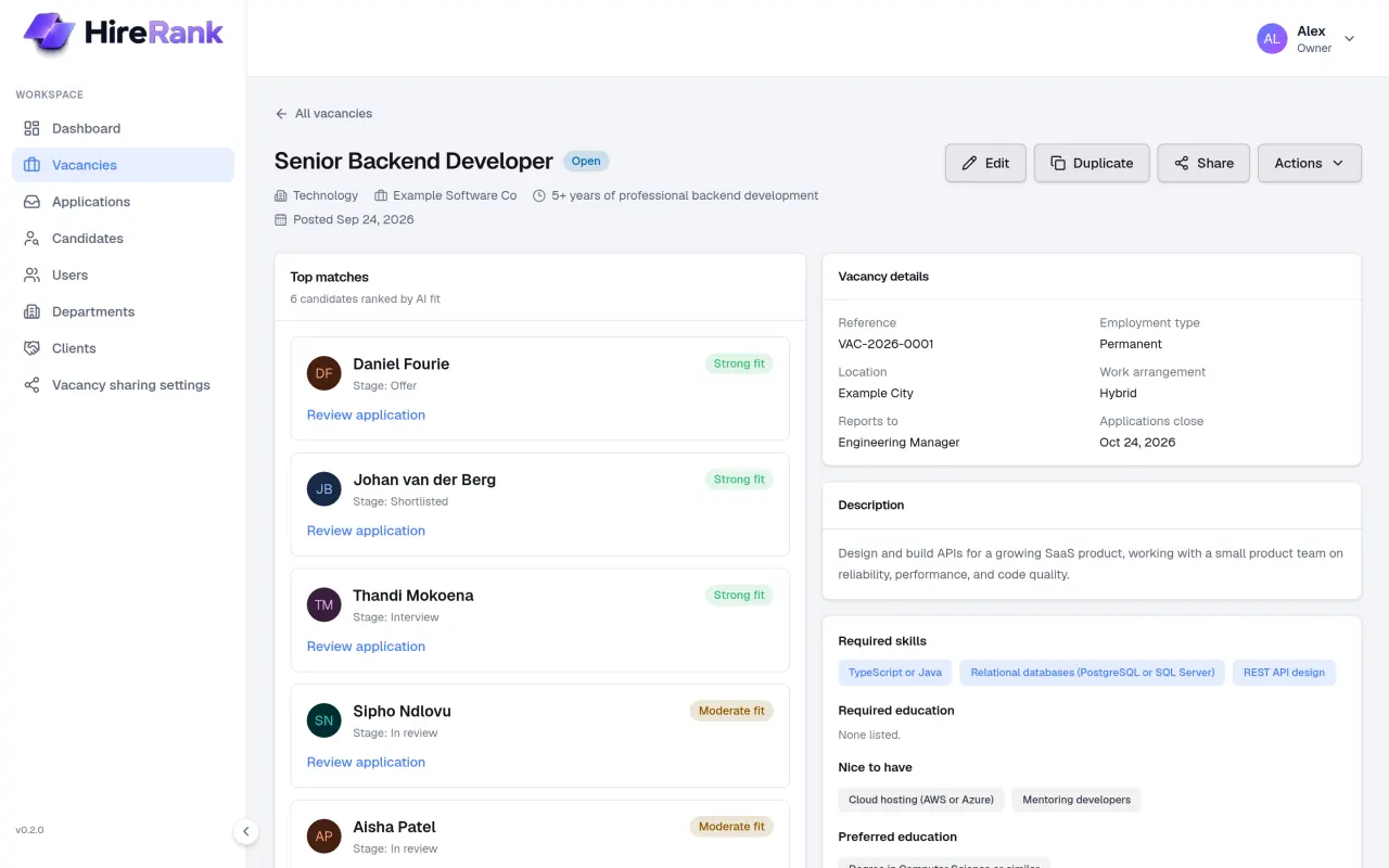 HireRank vacancy page listing candidates for a Senior Backend Developer role, each with a strong or moderate fit recommendation and recruitment stage.