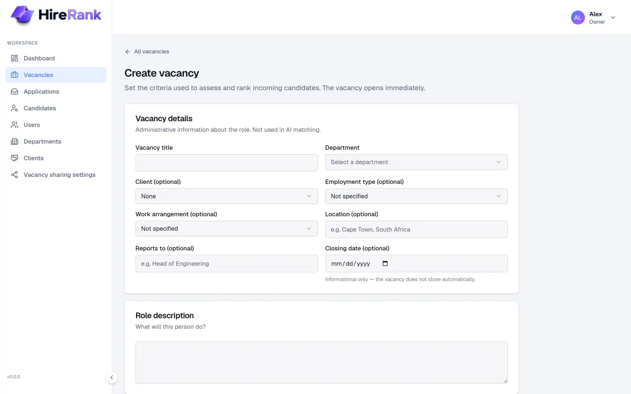 HireRank create-vacancy form with vacancy details, department, client, employment type, and role description fields.